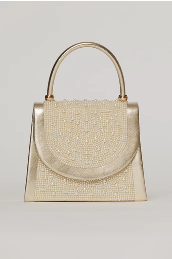 Clutch elegant auriu decorat cu perle si margele