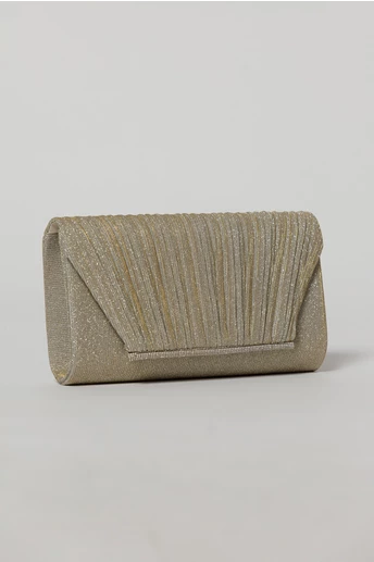 Clutch elegant auriu din lurex si detalii plisate