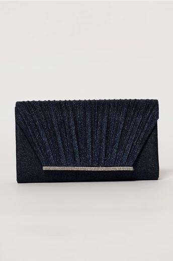 Clutch elegant bleumarin din lurex si detalii plisate