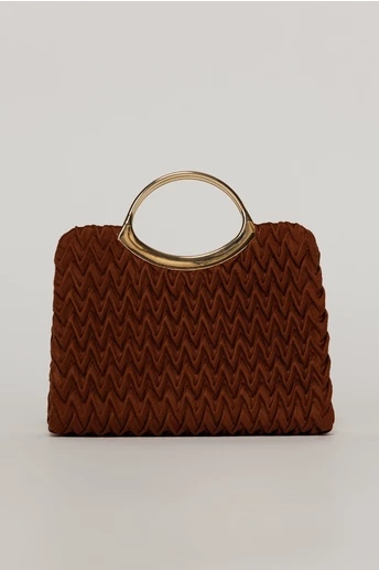 Clutch elegant caramiziu din piele ecologica intoarsa cu design modern
