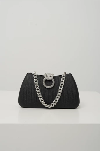 Clutch elegant din fir lurex negru cu inchidere metalica cu strasuri