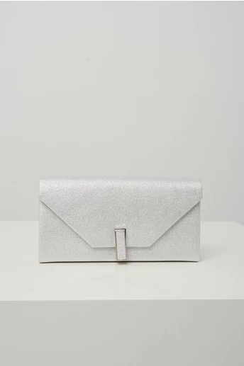 Clutch elegant din glitter argintiu cu inchidere metalica