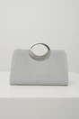 Clutch elegant din glitter argintiu cu maner rotund metalic