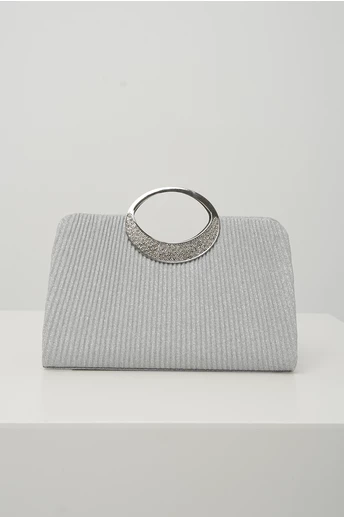 Clutch elegant din glitter argintiu cu maner rotund metalic