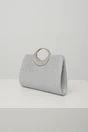 Clutch elegant din glitter argintiu cu maner rotund metalic
