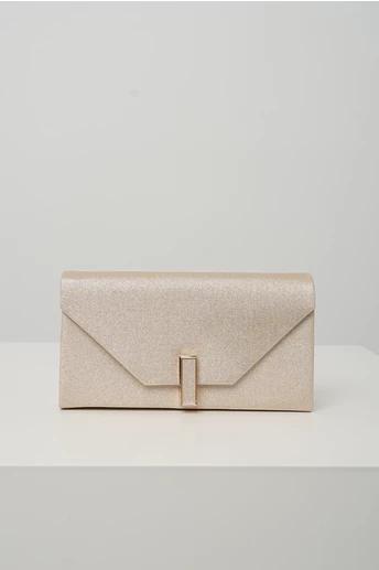 Clutch elegant din glitter auriu cu inchidere metalica