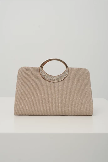 Clutch elegant din glitter sampanie cu maner rotund metalic