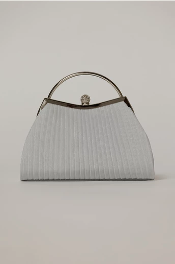 Clutch elegant din lurex alb cu maner metalic rotund