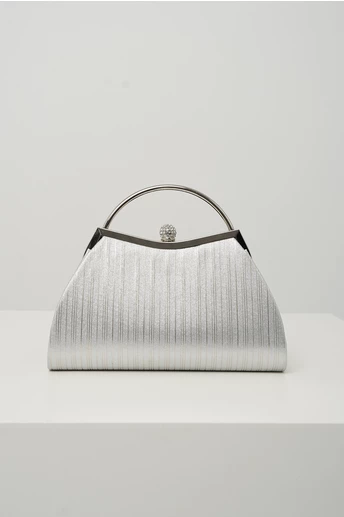 Clutch elegant din lurex argintiu cu maner metalic