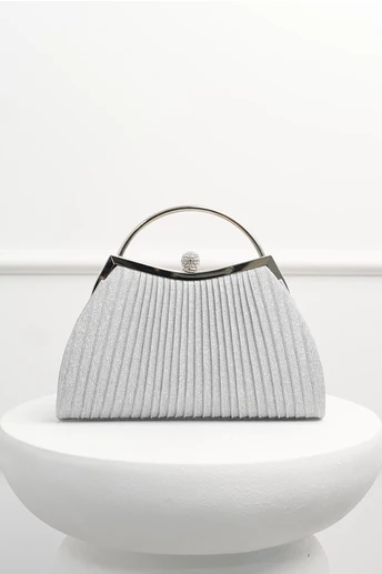 Clutch elegant din lurex argintiu cu maner metalic rotund