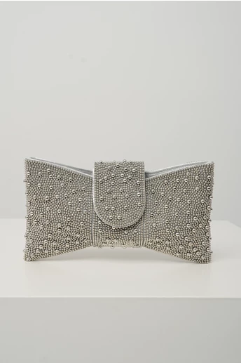 Clutch elegant din perlute metalice argintiu in forma de funda