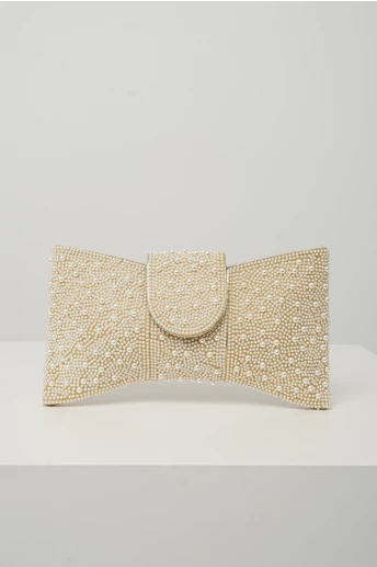 Clutch elegant din perlute metalice auriu in forma de funda