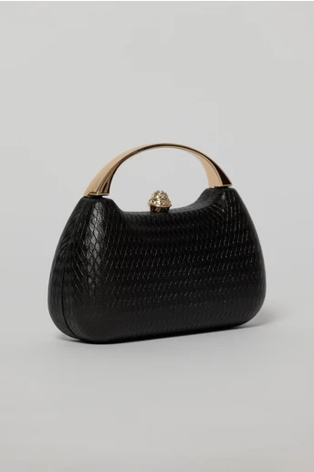 Clutch elegant negru cu maner auriu si design structurat