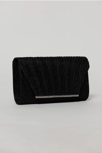 Clutch elegant negru din lurex si detalii plisate