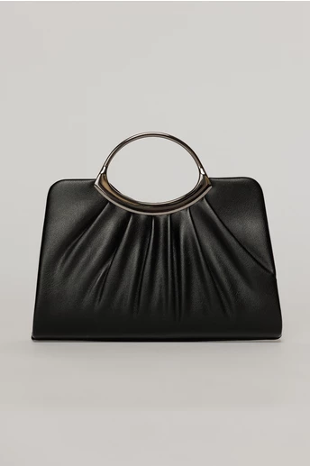 Clutch elegant negru din piele ecologica si maner metalic rotund