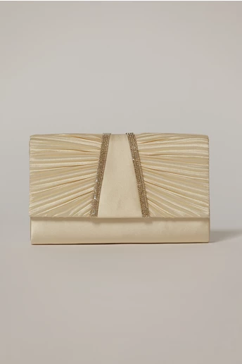 Clutch galben pal satinat decorat cu benzi stralucitoare