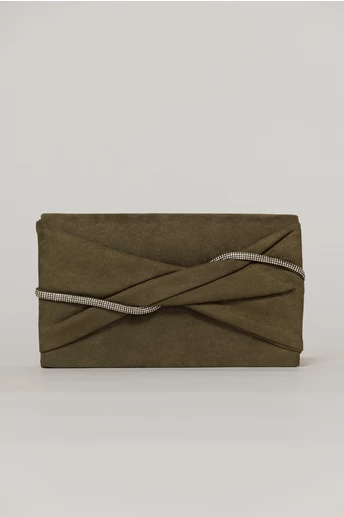 Clutch kaki elegant cu clapeta design impletit si detalii stralucitoare