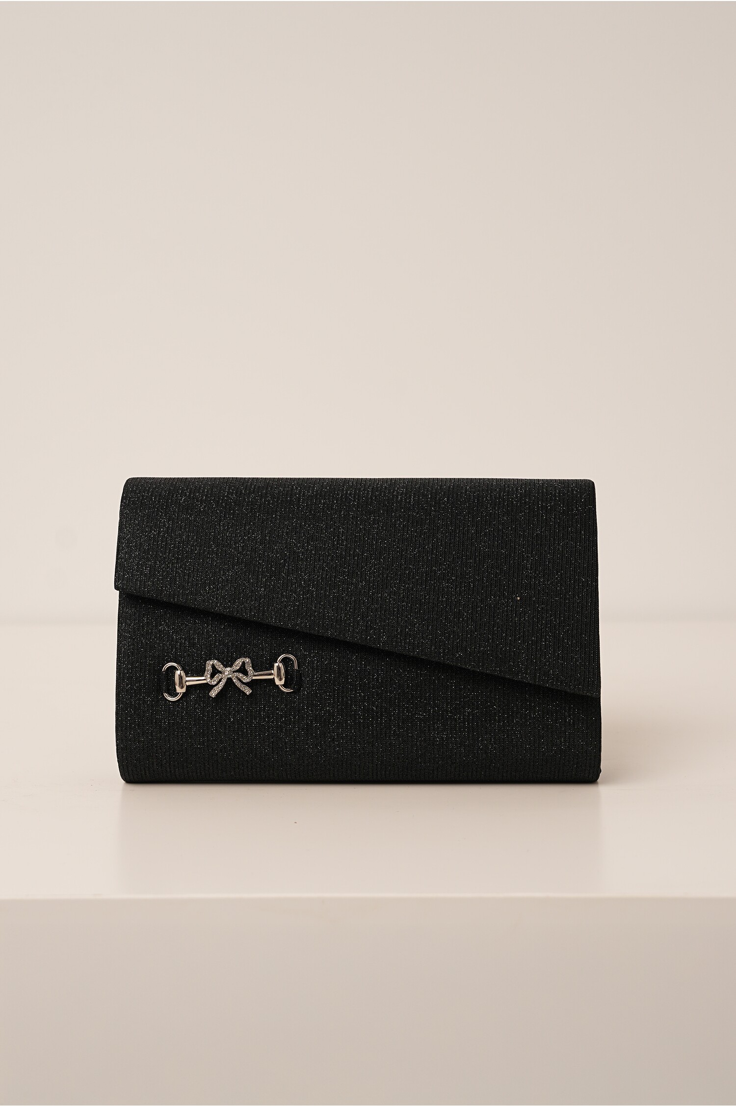 Clutch negru cu glitter si accesoriu fundita