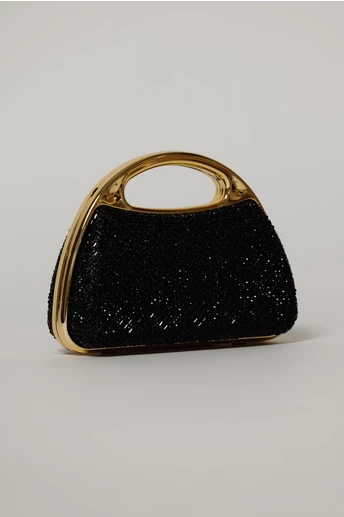 Clutch negru cu pietre stralucitoare si maner auriu