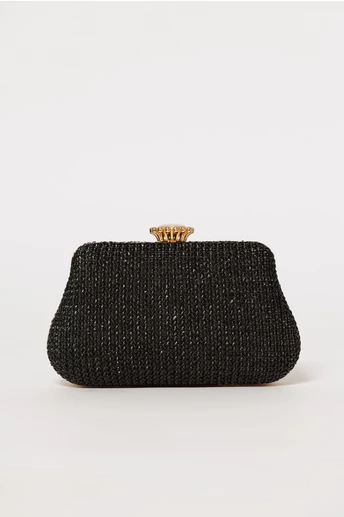 Clutch negru din material textil impletit