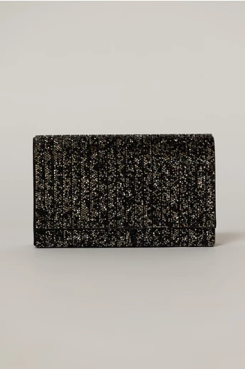 Clutch negru dreptunghiular acoperit cu pietre stralucitoare