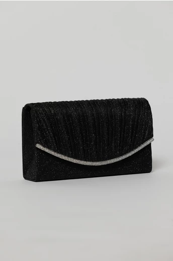 Clutch negru elegant cu clapeta curbata si detalii plisate