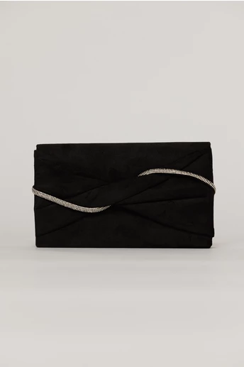 Clutch negru elegant cu clapeta design impletit si detalii stralucitoare albe