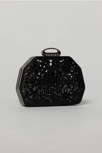 Clutch negru elegant metalic cu strasuri si pietre decorative