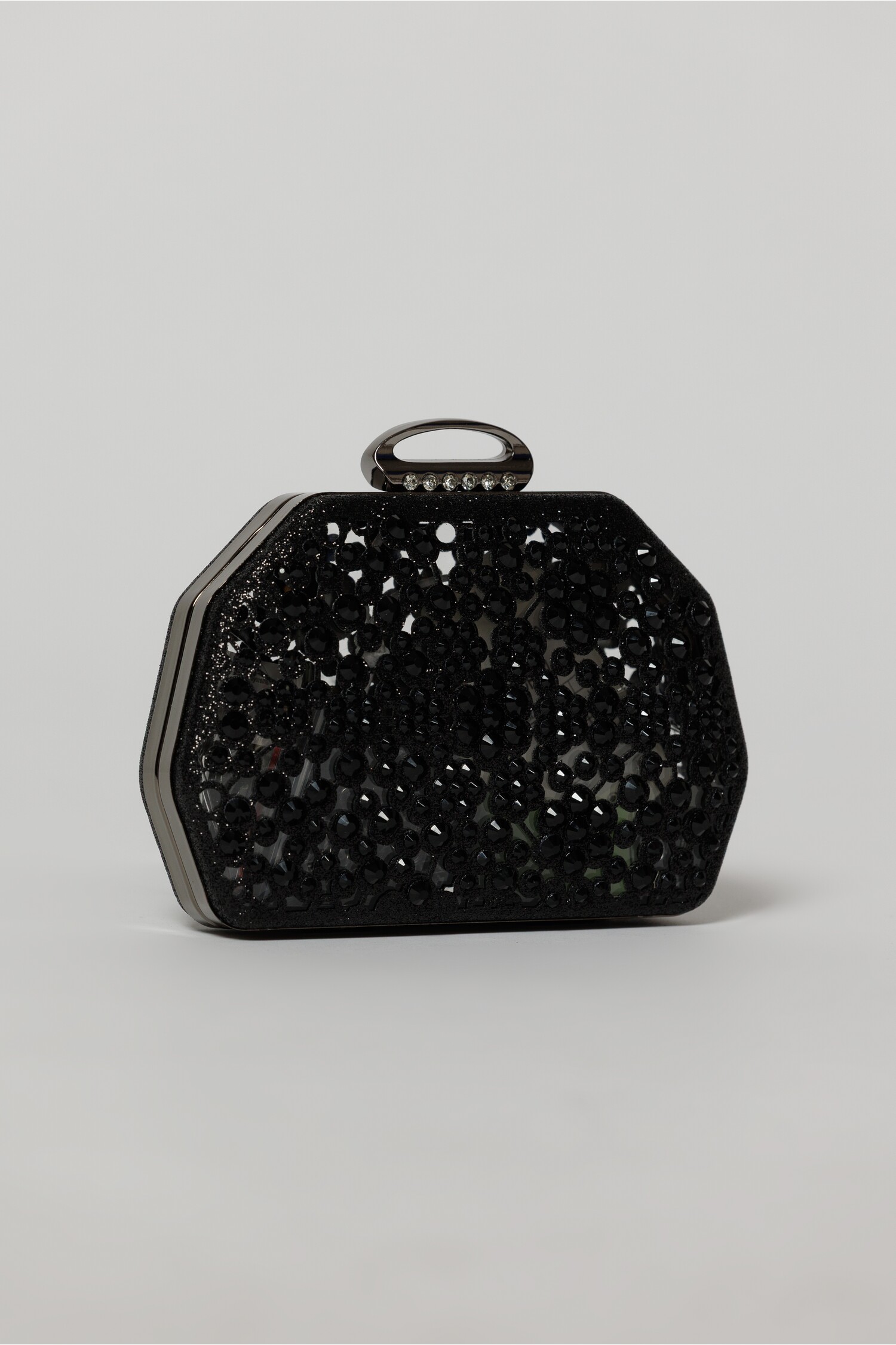 Clutch negru elegant metalic cu strasuri si pietre decorative