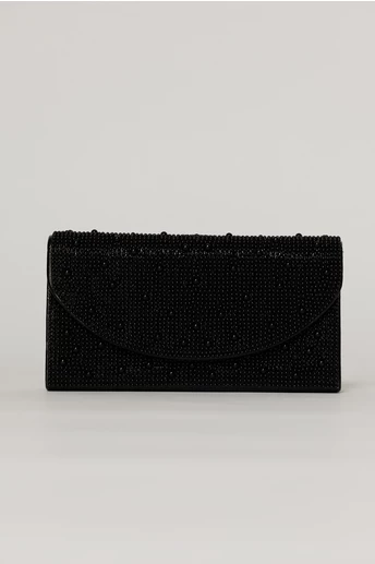 Clutch negru metalizat cu clapeta curbata si decoratii aplicate
