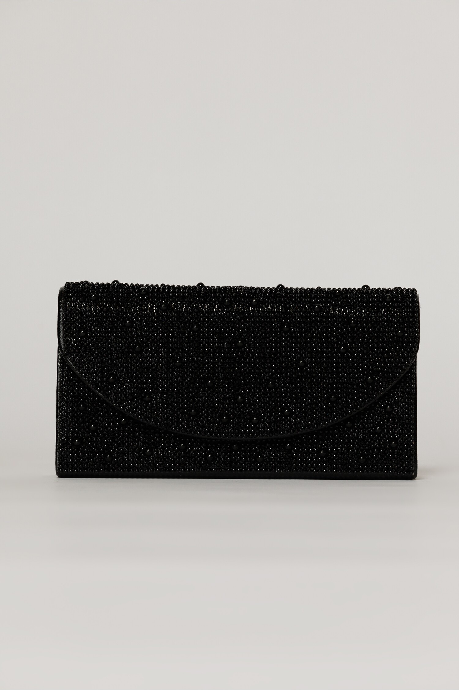 Clutch negru metalizat cu clapeta curbata si decoratii aplicate