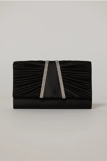 Clutch negru satinat decorat cu benzi stralucitoare