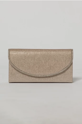 Clutch nude elegant cu clapeta curbata decorata cu strasuri