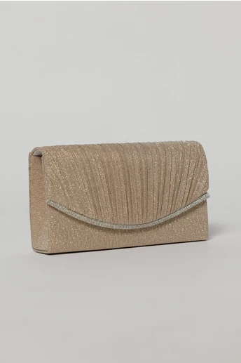 Clutch nude elegant cu clapeta curbata si detalii plisate