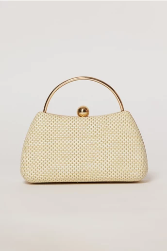 Clutch nude elegant cu maner auriu si design impletit