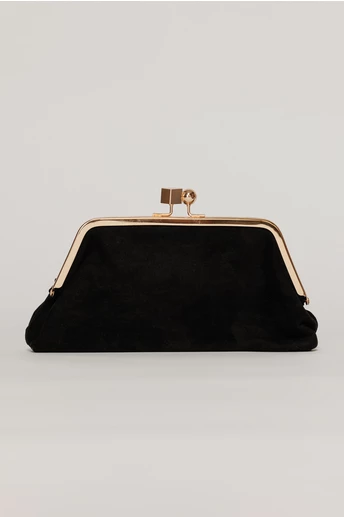 Clutch plic negru catifelat cu inchidere metalica aurie