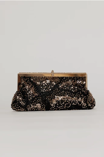 Clutch plic negru cu paiete si margele aurii