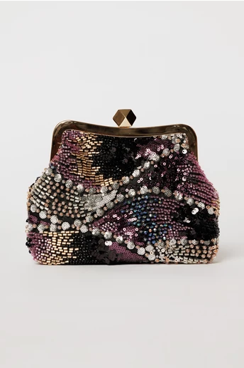 Clutch plic negru cu paiete si margele multicolore