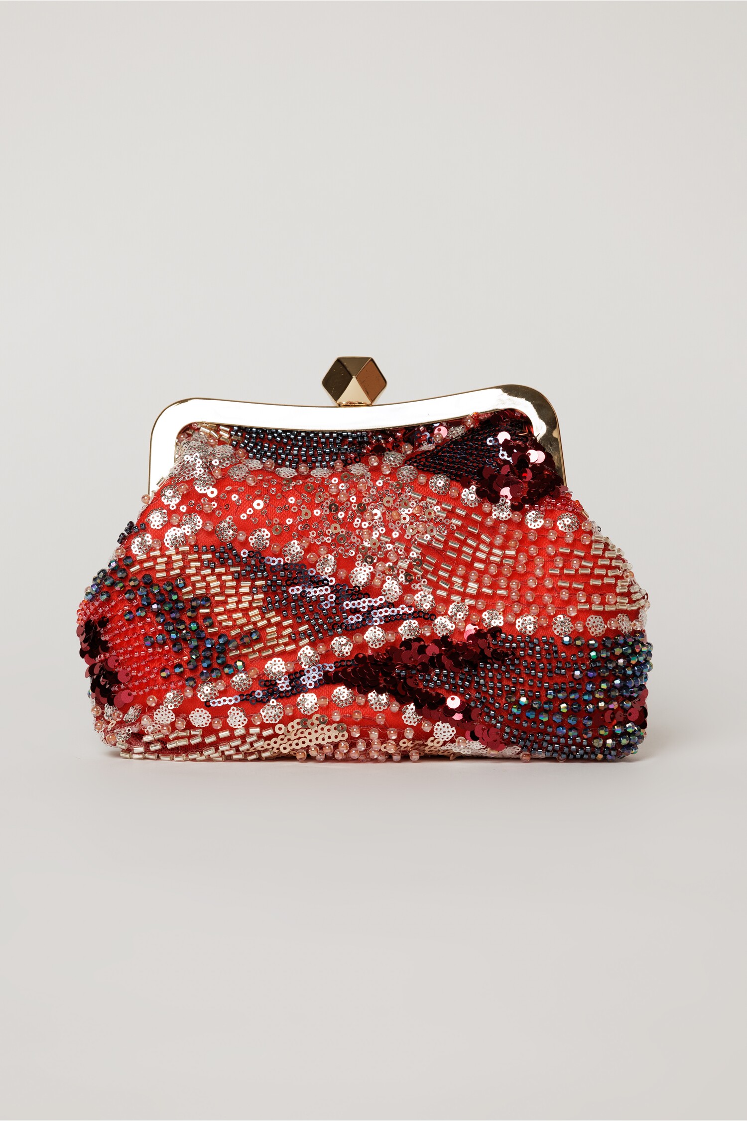 Clutch plic rosu cu paiete si margele multicolore