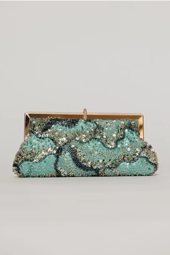 Clutch plic turcoaz cu paiete si margele
