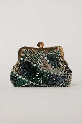 Clutch plic verde cu paiete si margele multicolore