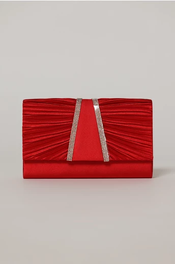 Clutch rosu satinat decorat cu benzi stralucitoare