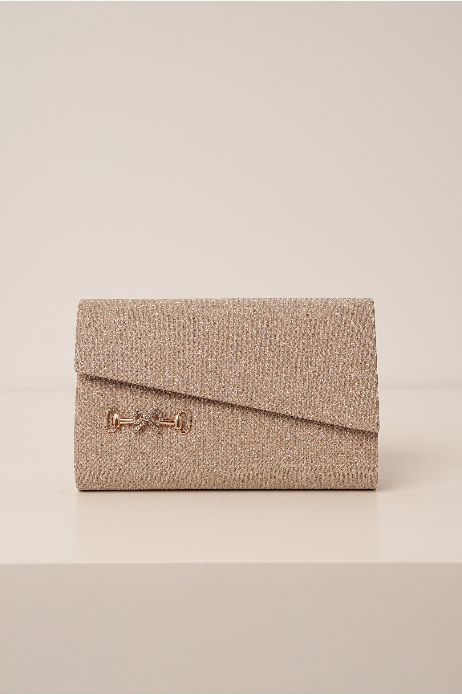 Clutch sampanie cu glitter si accesoriu fundita