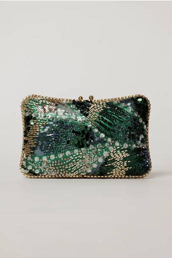 Clutch verde de ocazie cu margele si paiete