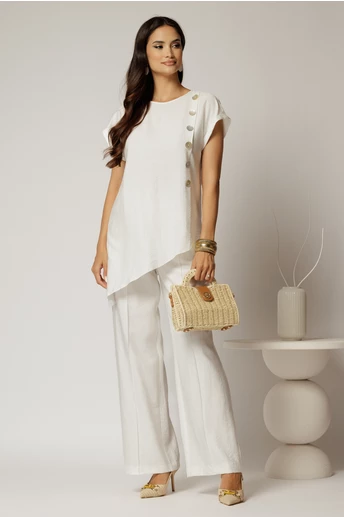 Compleu alb din viscoza din bluza asimetrica si pantalon lejer
