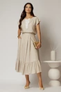 Compleu bej de vara din rayon din fusta si bluza cu aplicatie pe bust, 1, dyfashion.ro