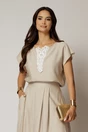 Compleu bej de vara din rayon din fusta si bluza cu aplicatie pe bust, 3, dyfashion.ro