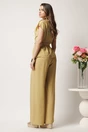 Compleu bej din doua piese cu pantaloni lejeri si bluza cu decolteu si cordon in talie, 3, dyfashion.ro