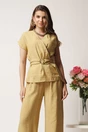 Compleu bej din doua piese cu pantaloni lejeri si bluza cu decolteu si cordon in talie, 2, dyfashion.ro