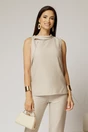 Compleu bej din vascoza cu bluza fara maneci si pantalon lejer, 3, dyfashion.ro